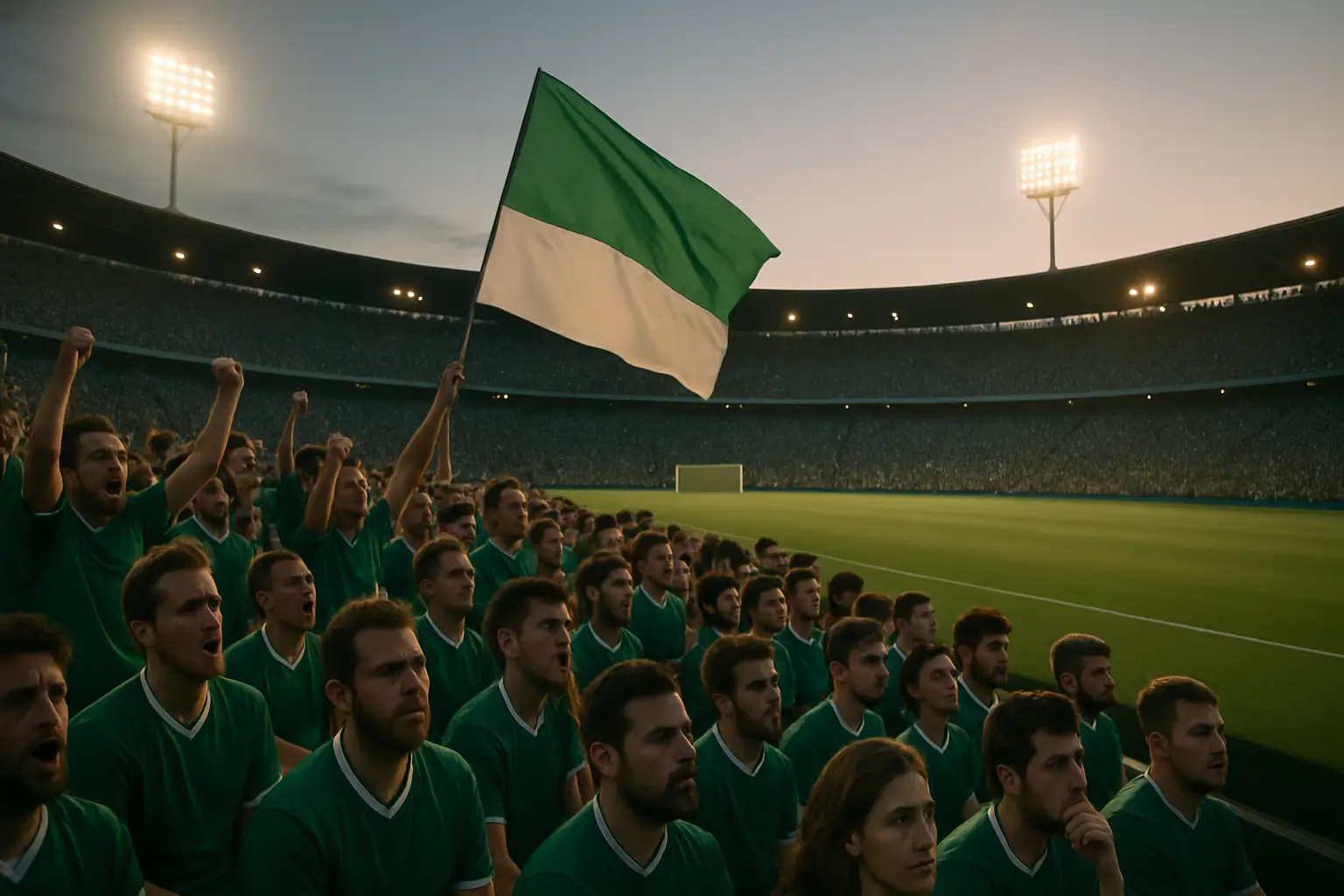 Mexican football fans in a stadium waving green and red flags with a mix of celebratory and pensive expressions