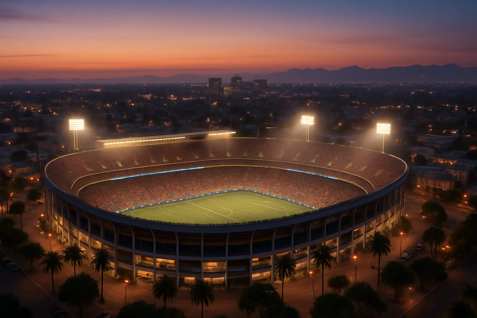 Aerial view of a packed soccer stadium in Miami at night with floodlights illuminating the pitch
