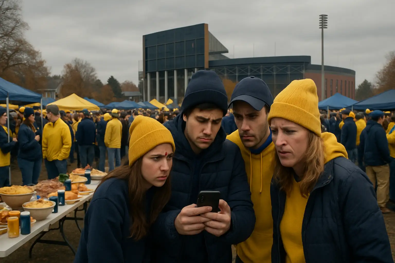 Crowd of Michigan football fans at a tailgate event outside a stadium