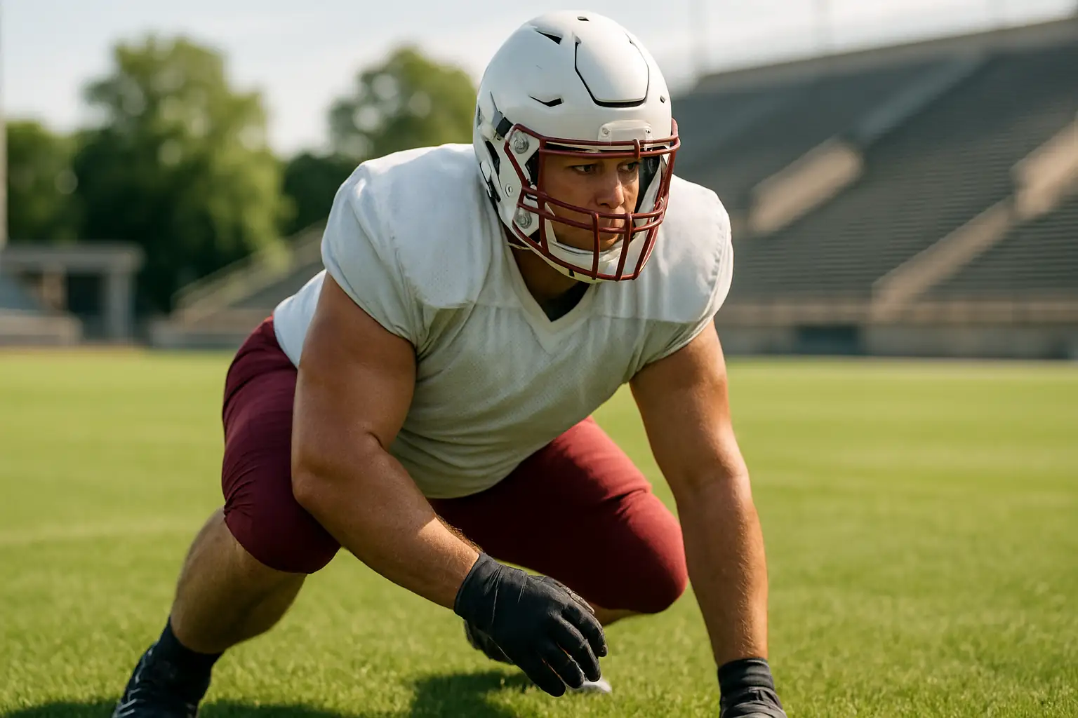 A football player in offensive line stance on a college football field