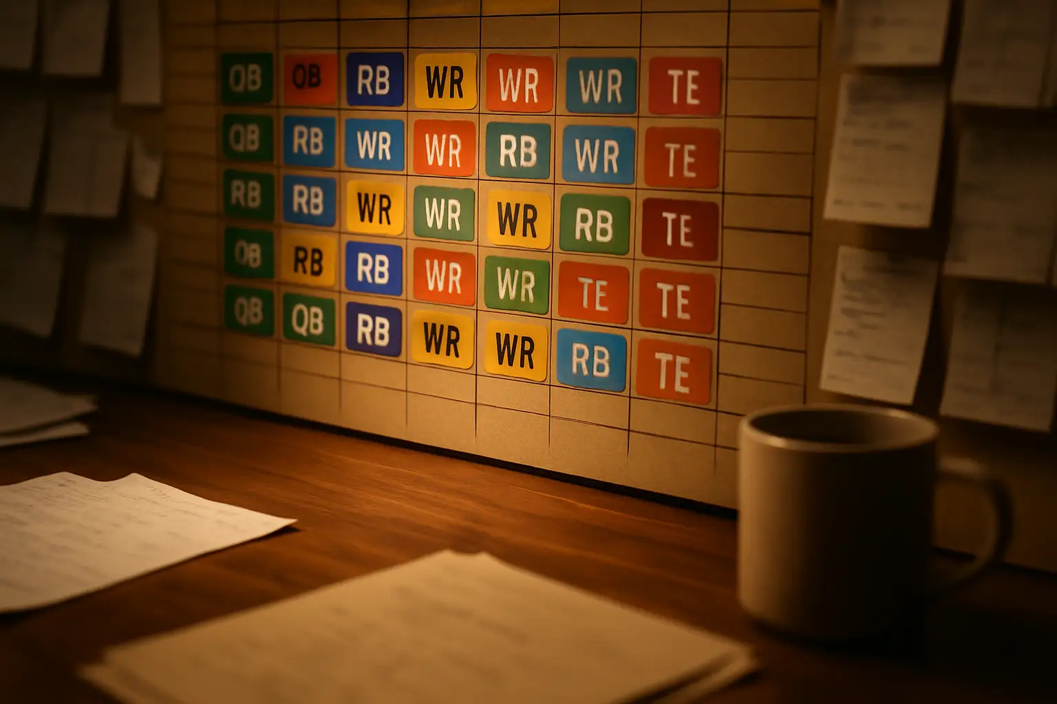 Fantasy football draft board with running back position cards highlighted in the middle rounds