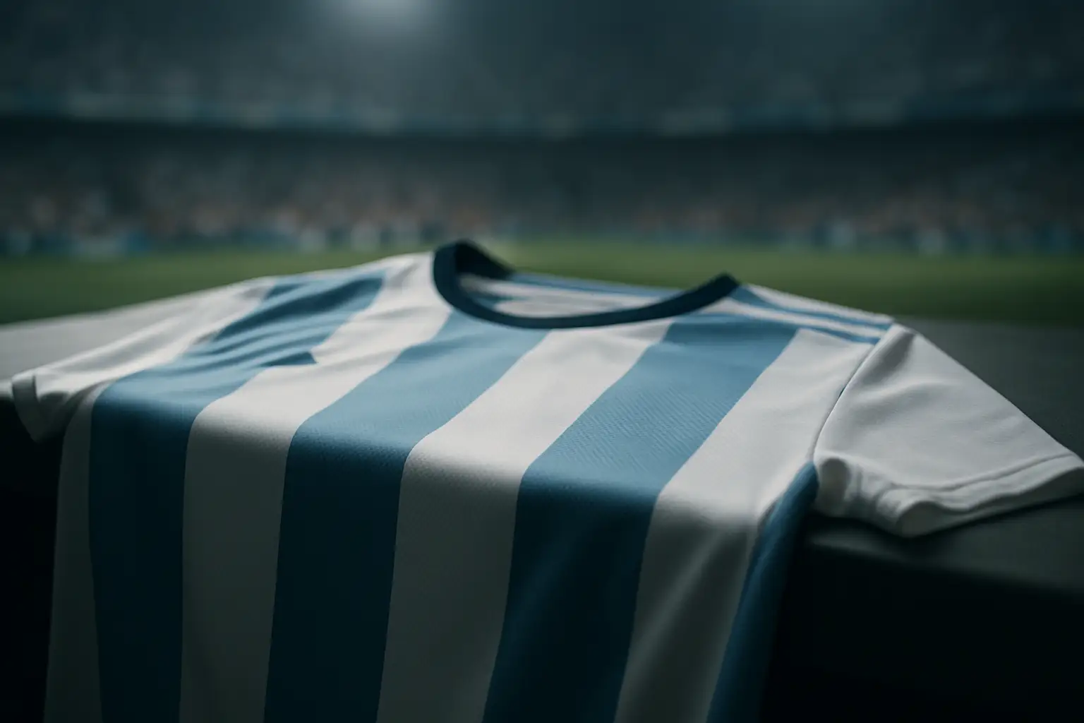 Argentina football jersey displayed against a backdrop of a stadium crowd with protest signs