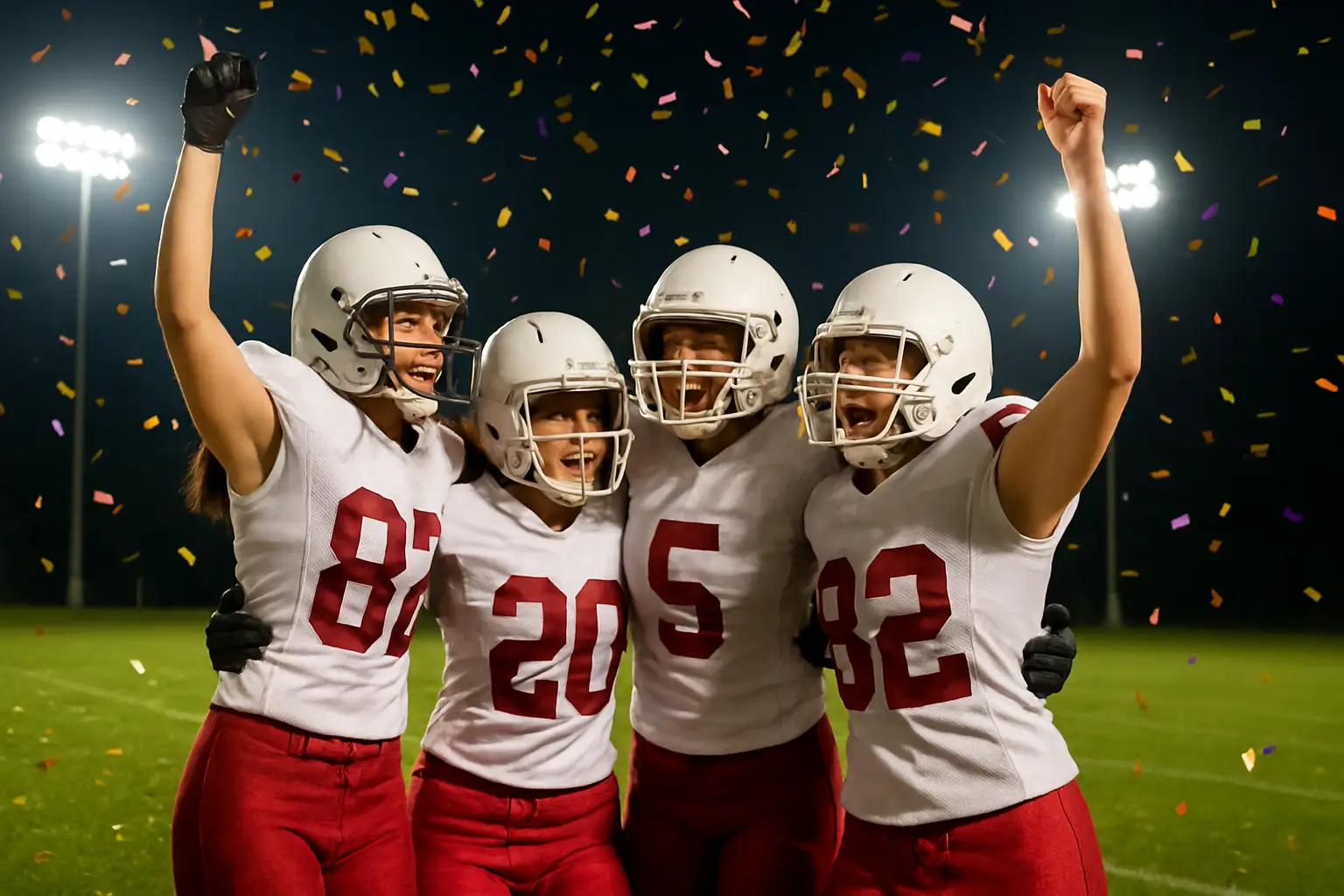 Women's tackle football players celebrating a championship victory on the field