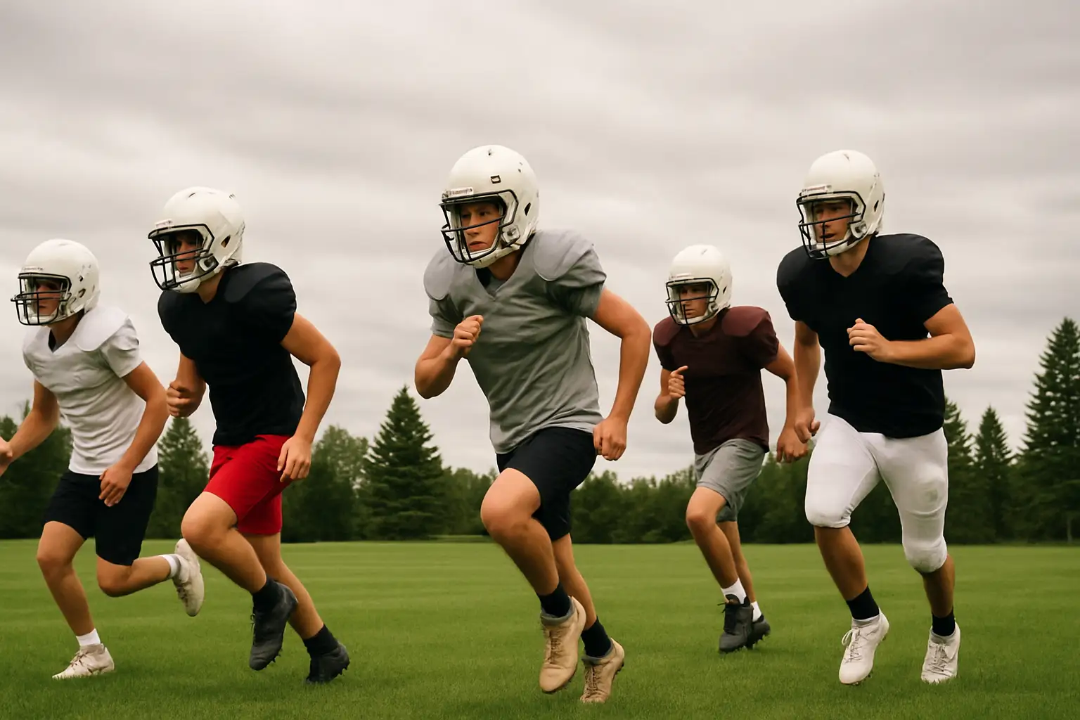 Young football players on a grass field in a northern Canadian city during practice