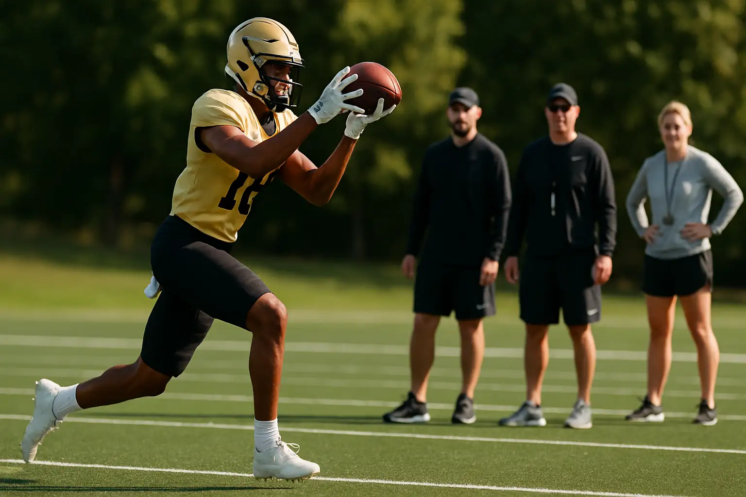 Missouri Tigers football helmet on a practice field with receivers running routes in the background