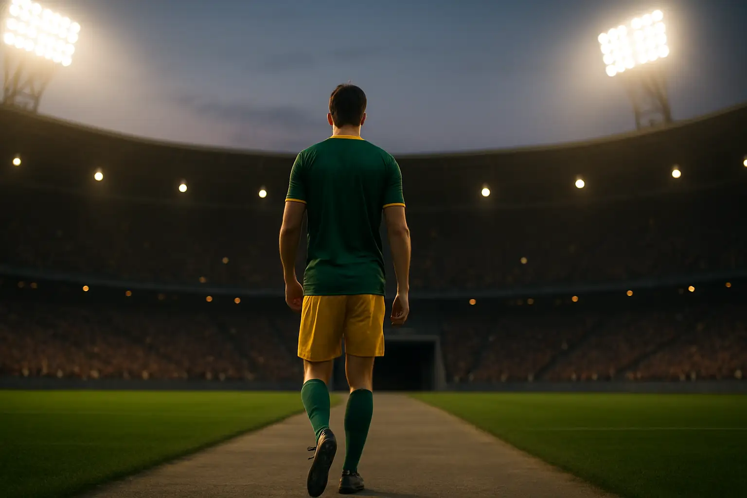 An Australian footballer walking off a pitch after an international match, green and gold jersey visible