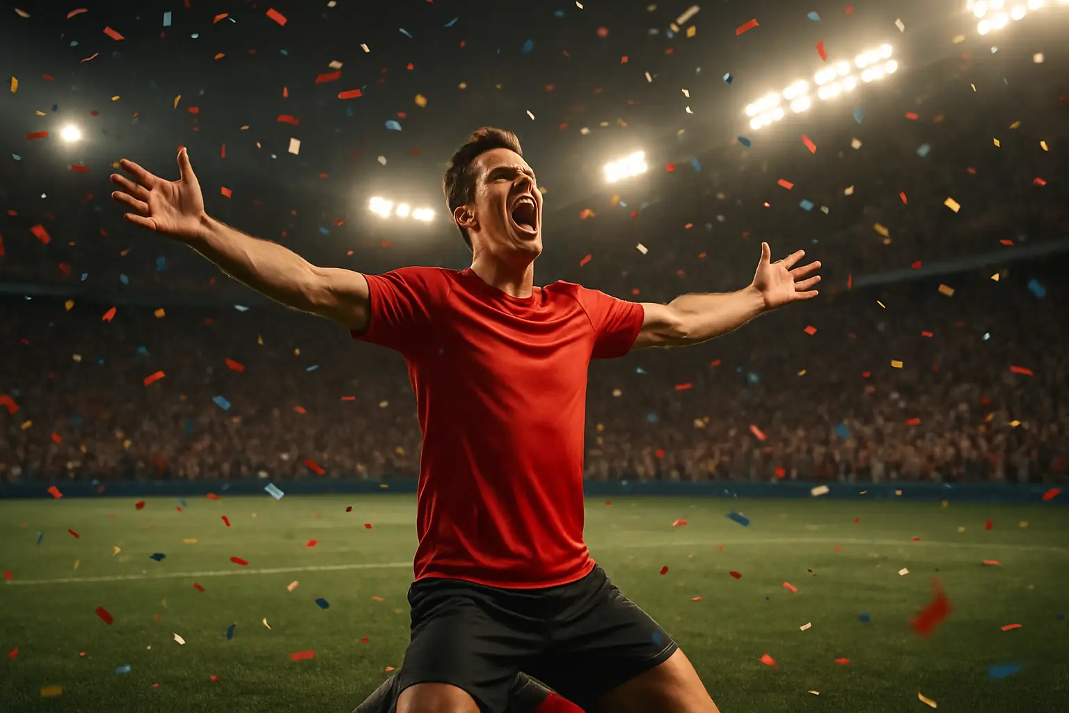 A football player in a red kit celebrating a goal in a packed stadium at night