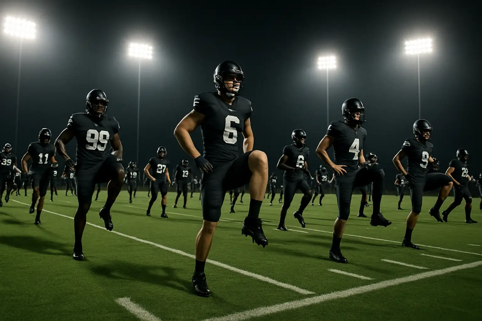 Monmouth Hawks football players on the field during warmups before a game