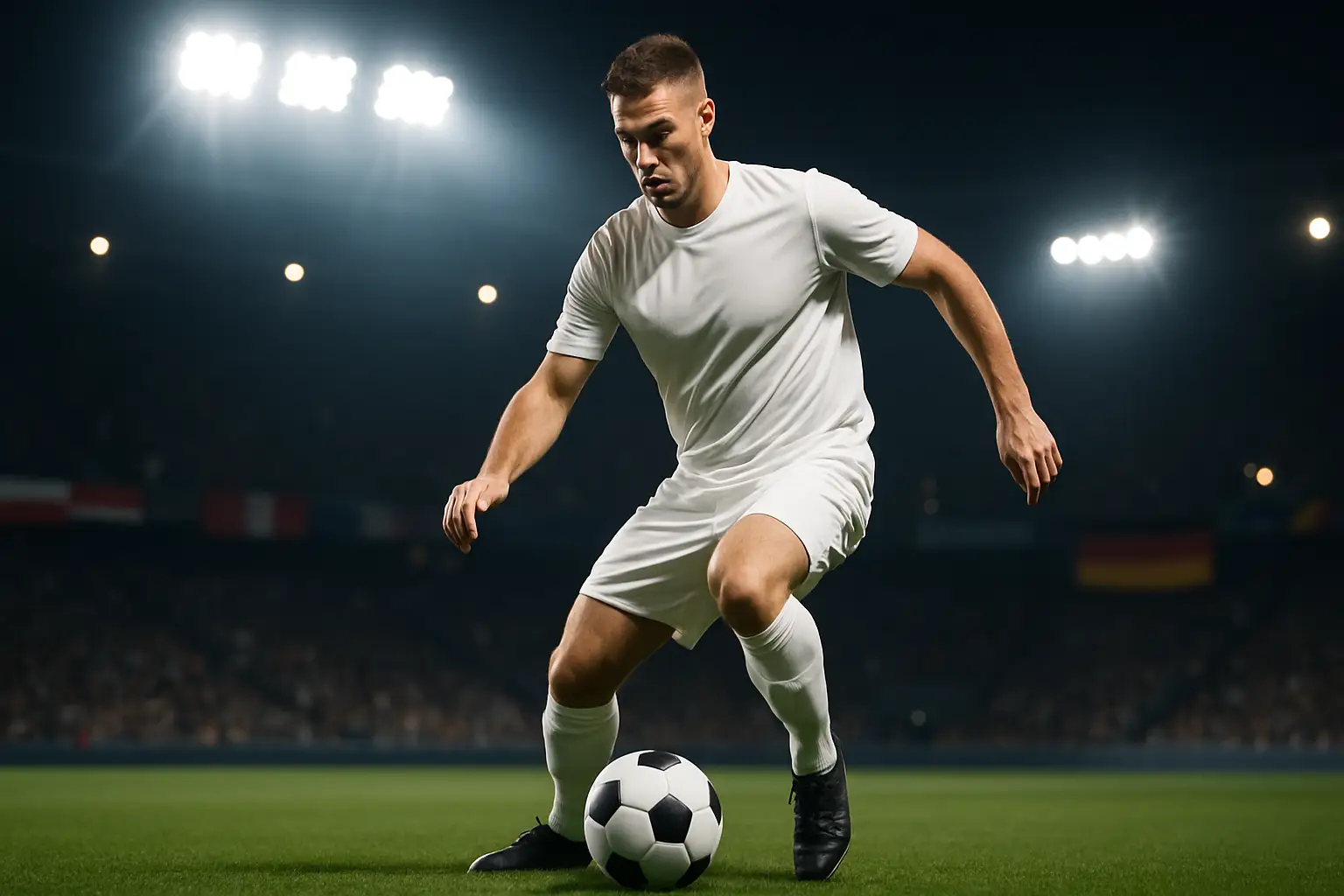 Harry Kane in action during a World Cup match, competing against a defender under floodlights