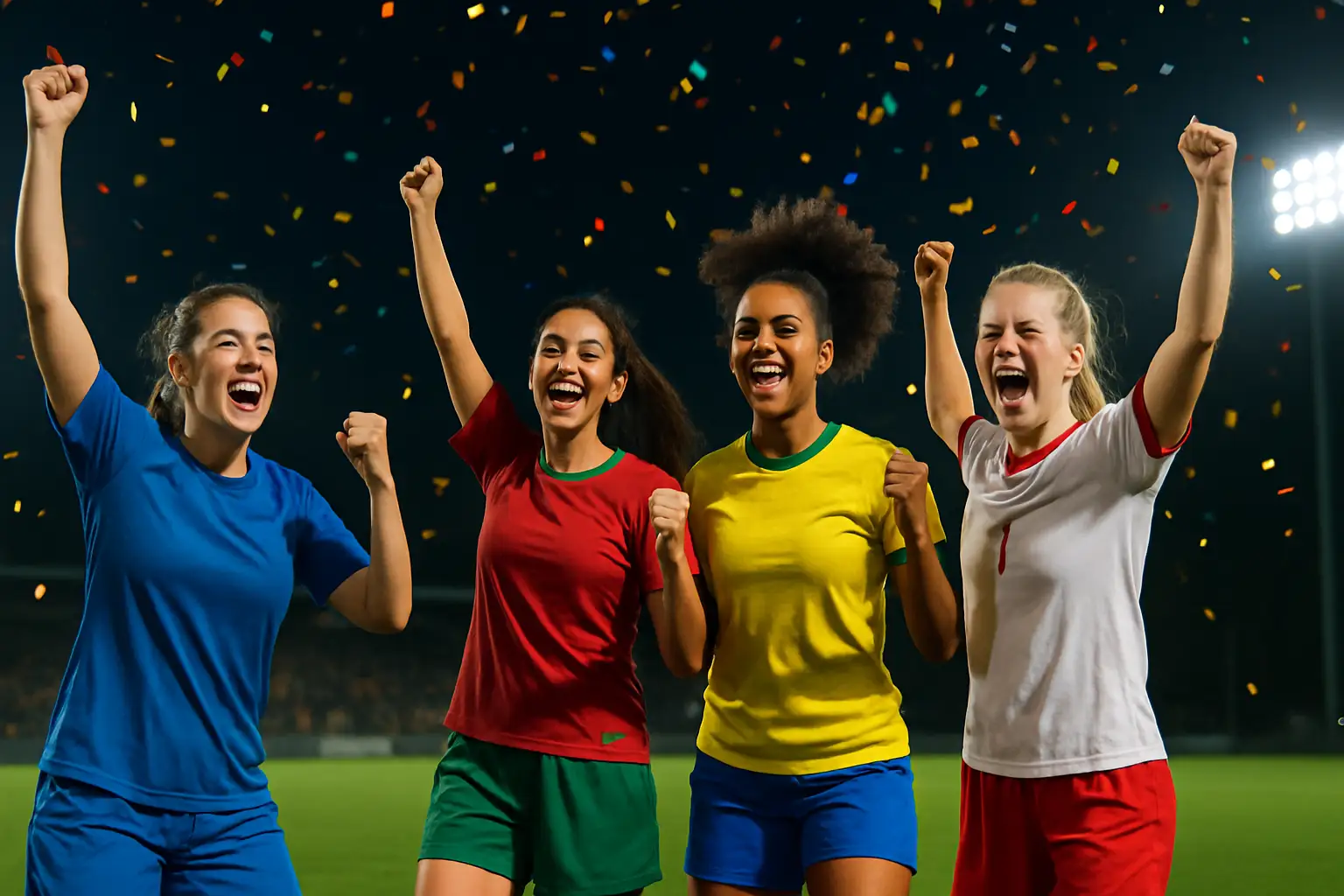 Women footballers from North Africa celebrating a qualification victory on the pitch