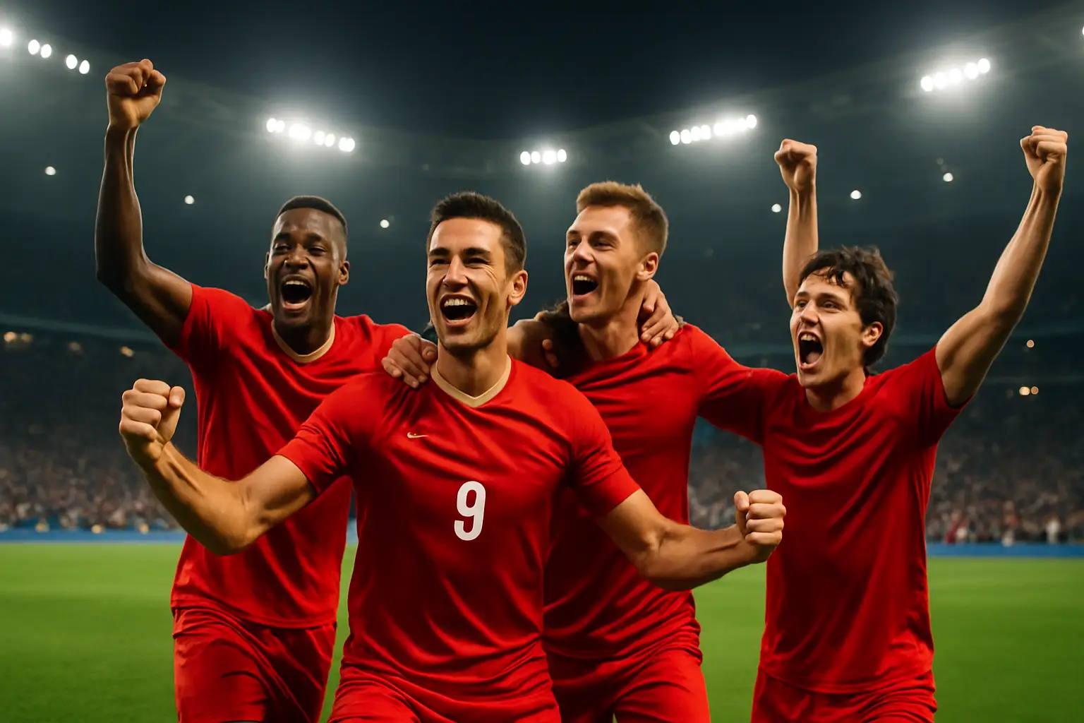 Morocco football players celebrating a goal against Scotland