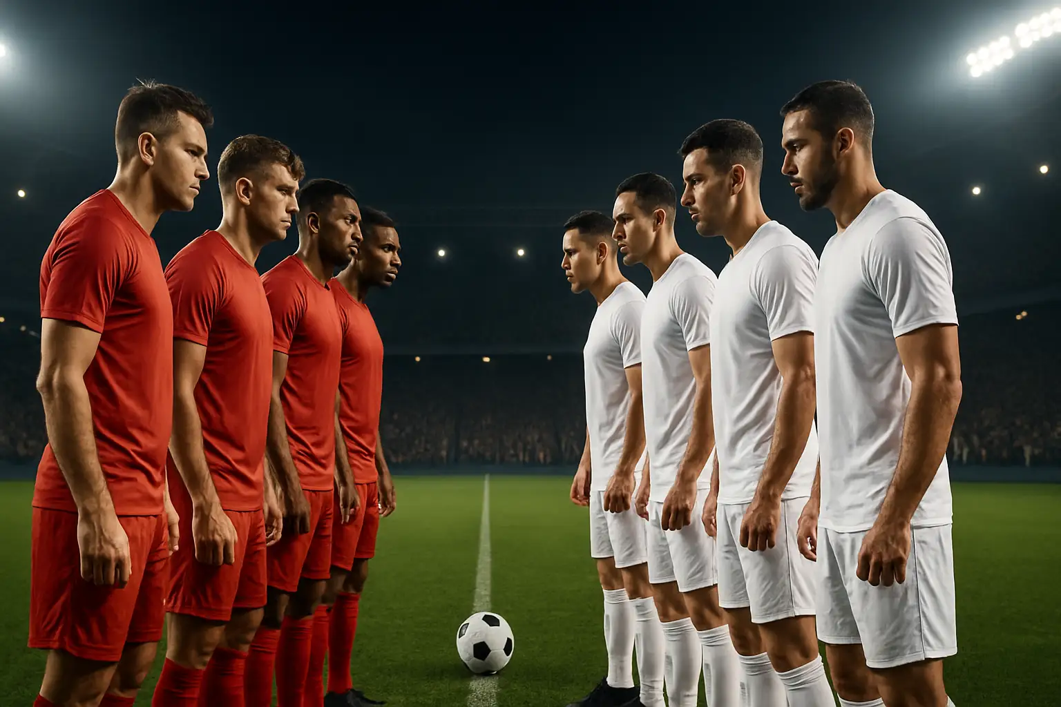 Morocco and France football players facing off on a tournament pitch under floodlights