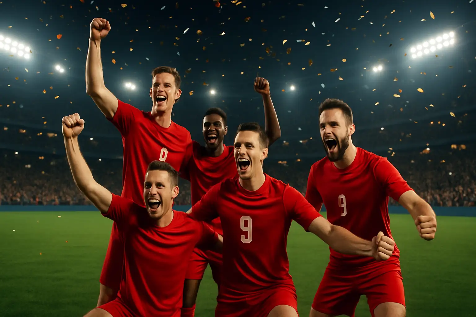 Morocco football players celebrating a qualification on the pitch