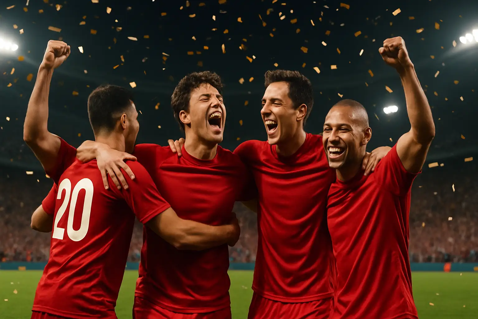 Morocco football players celebrating a World Cup qualification on the pitch