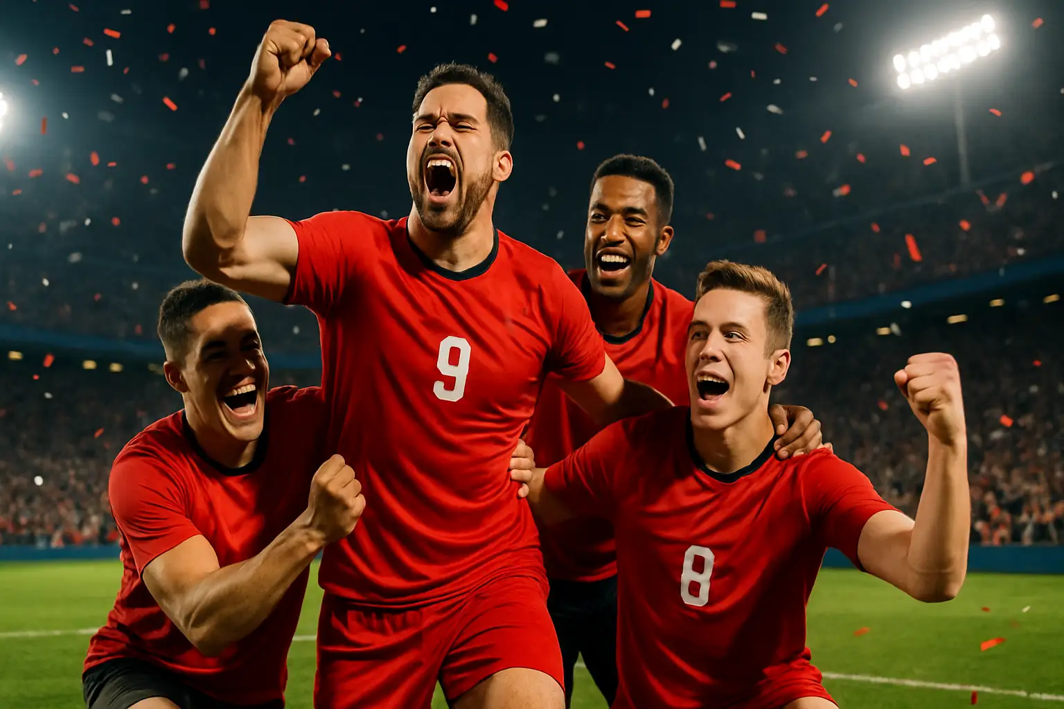 Morocco football players celebrating on a World Cup pitch during the knockout stage