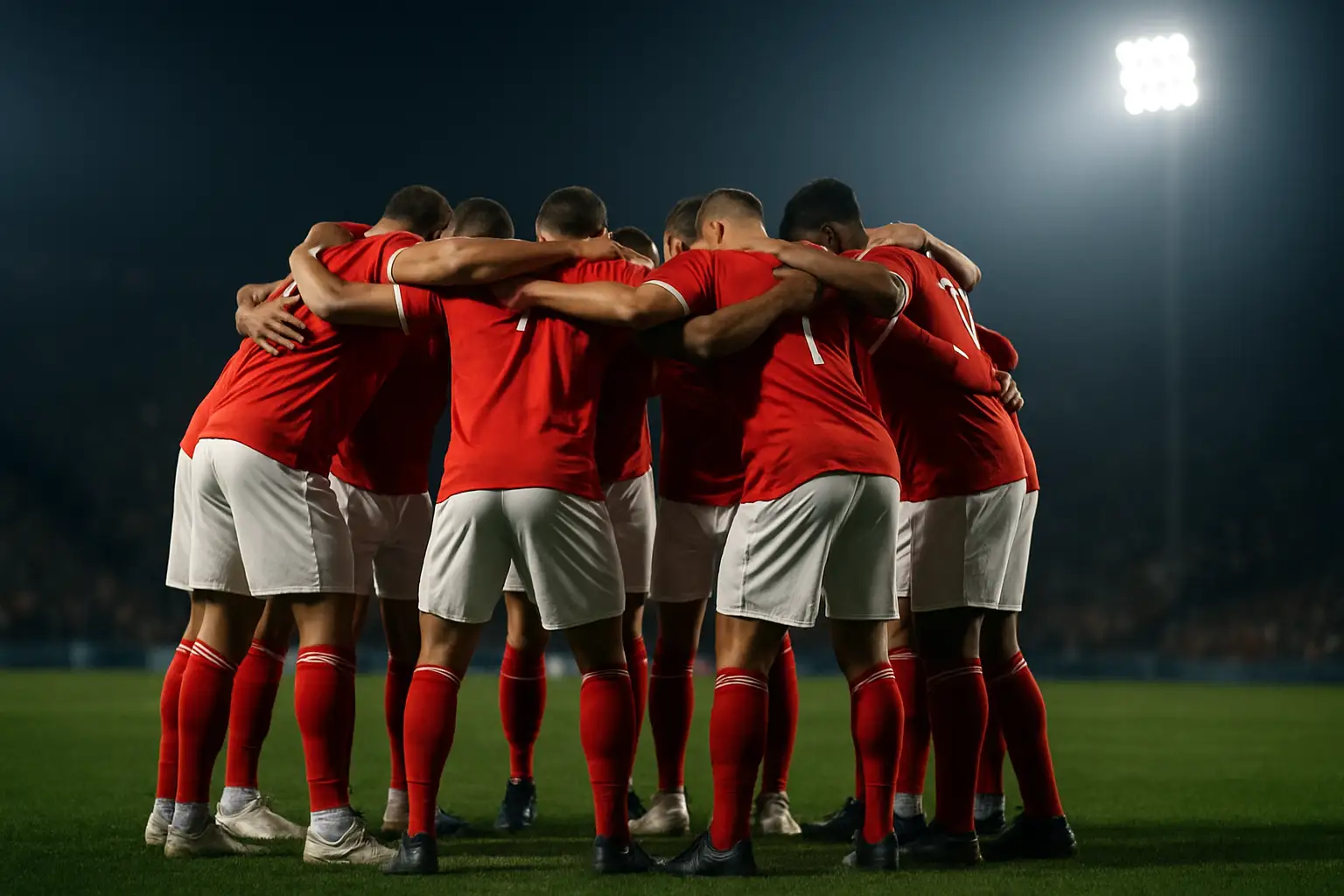 Morocco football players in a team huddle during a competitive match