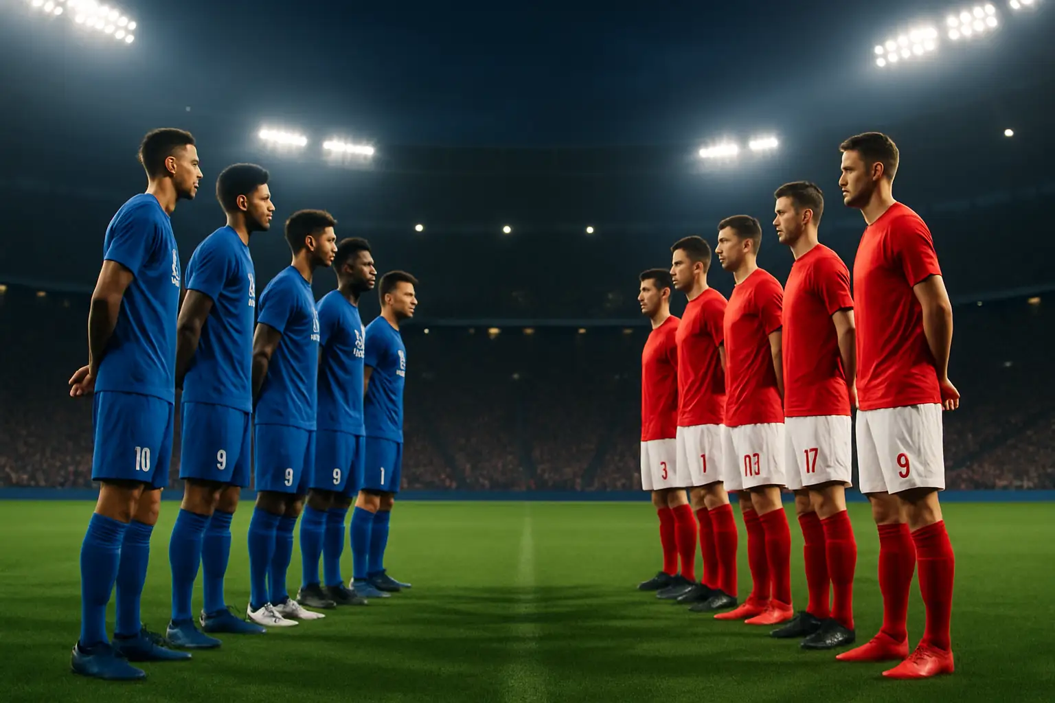 Morocco and France players lined up on a football pitch before a major international match