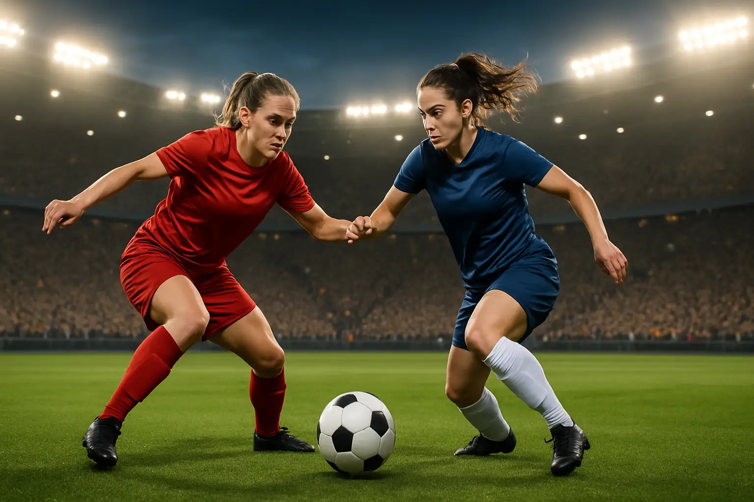 Female footballers competing in an African international tournament match
