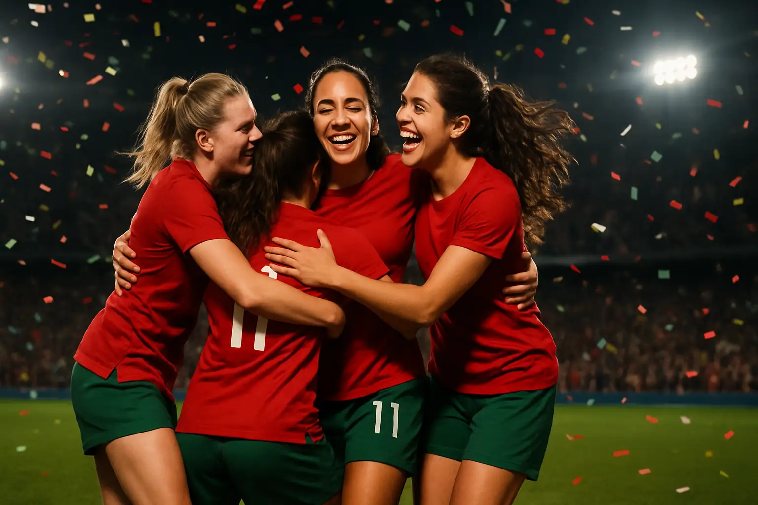 Morocco women's football players celebrating on a pitch after securing World Cup qualification