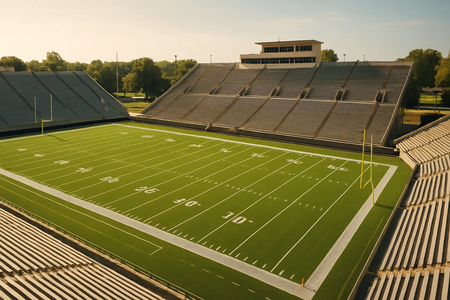 Empty college football stadium with Mountain West conference signage on the field