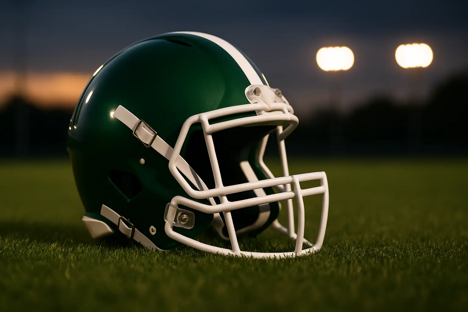 Michigan State Spartans football helmet on a grass field with stadium lights in the background