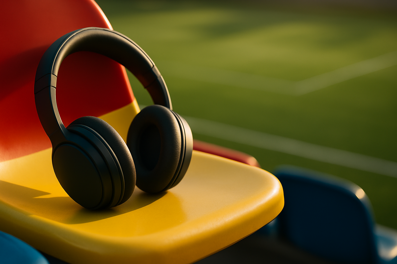 Close-up of sleek, unbranded over-ear headphones resting on a stadium seat with a blurred football pitch in the background