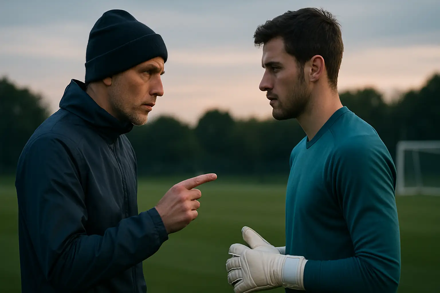 A football coach speaking privately with a goalkeeper on a training pitch