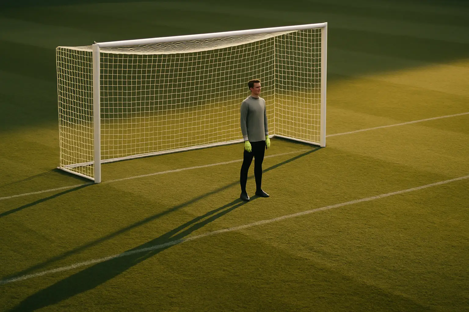 A goalkeeper standing alone in front of an empty net on a large stadium pitch, looking toward the far end of the field