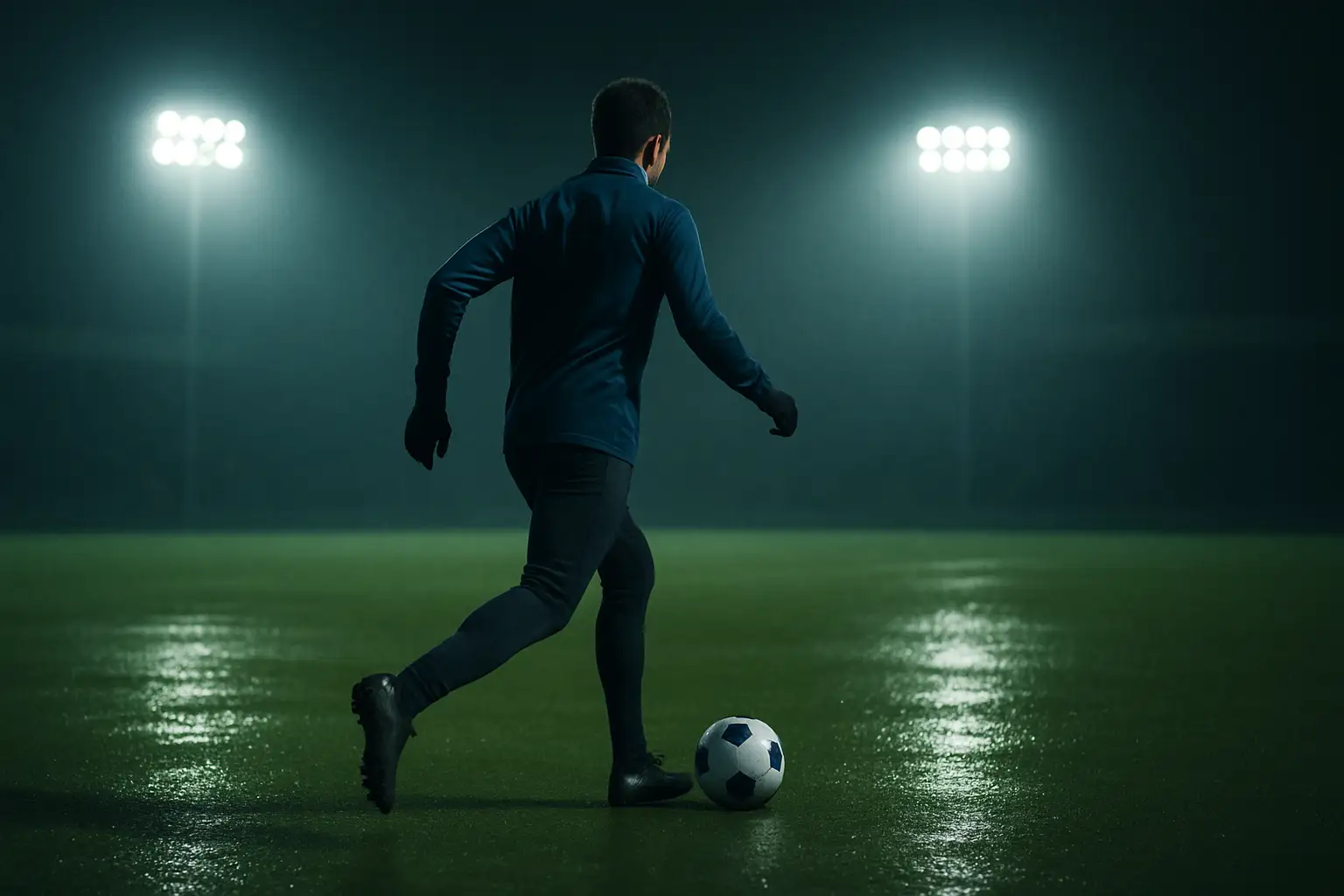 A football winger in training gear sprinting with the ball on an international pitch