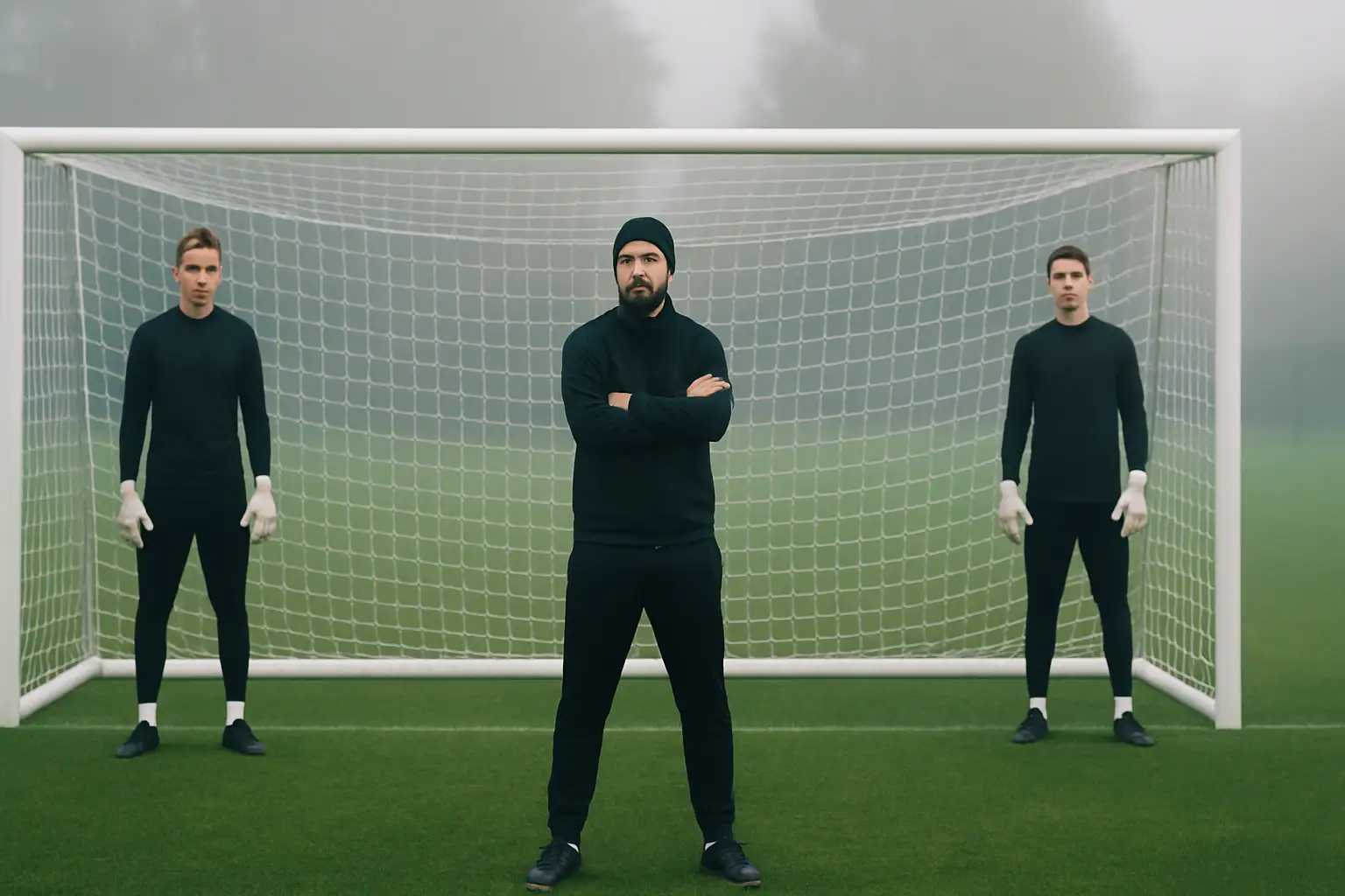 Two goalkeepers facing off in training with a coach watching from the sideline