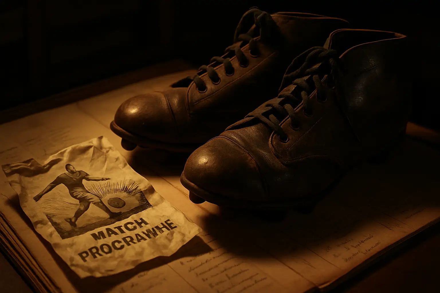 Old football boots and a worn match programme resting on archival documents in black and white