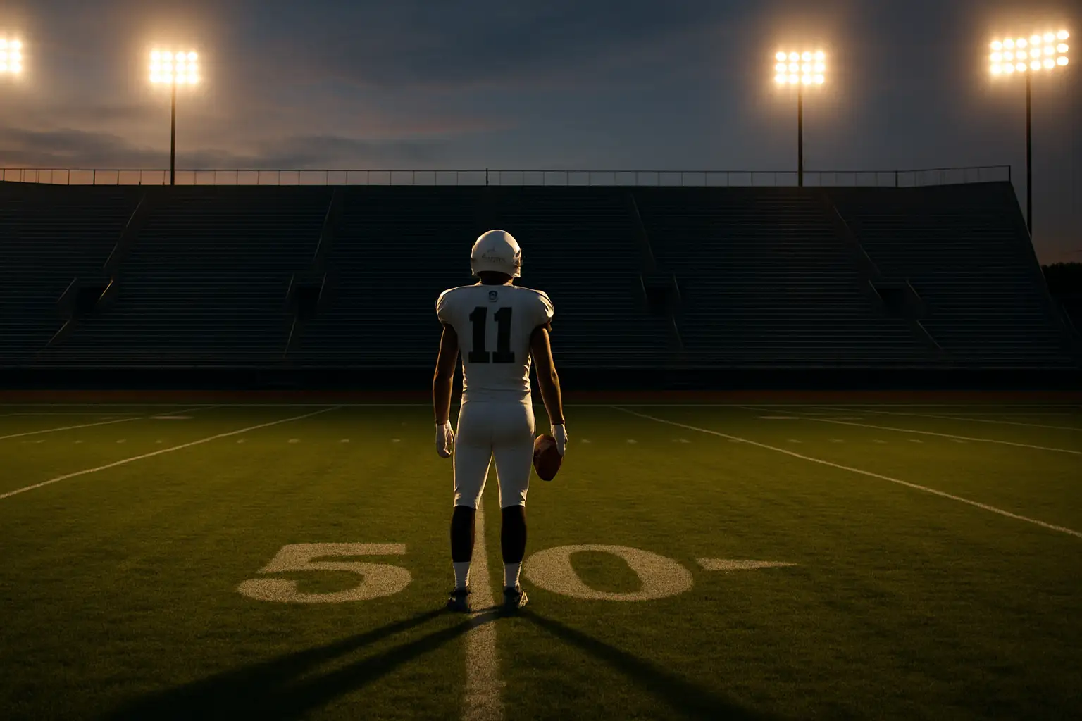A college football player in uniform standing alone on an empty field, looking toward the goalposts