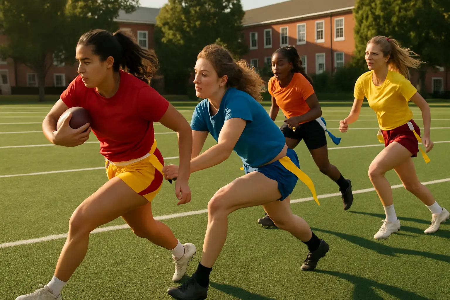 Female flag football players competing on a college field during a game