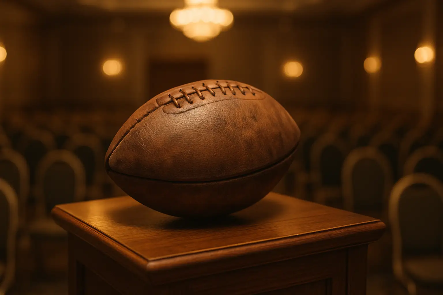 A football resting on a podium at an indoor awards ceremony with soft lighting
