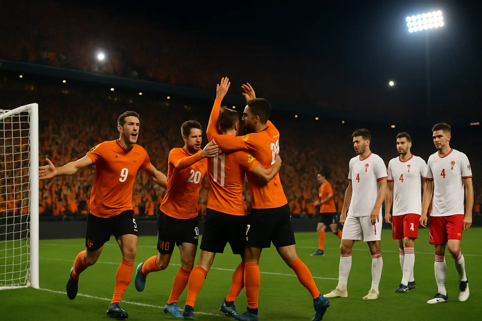 Netherlands players celebrating an early goal during a 2026 FIFA World Cup group stage match