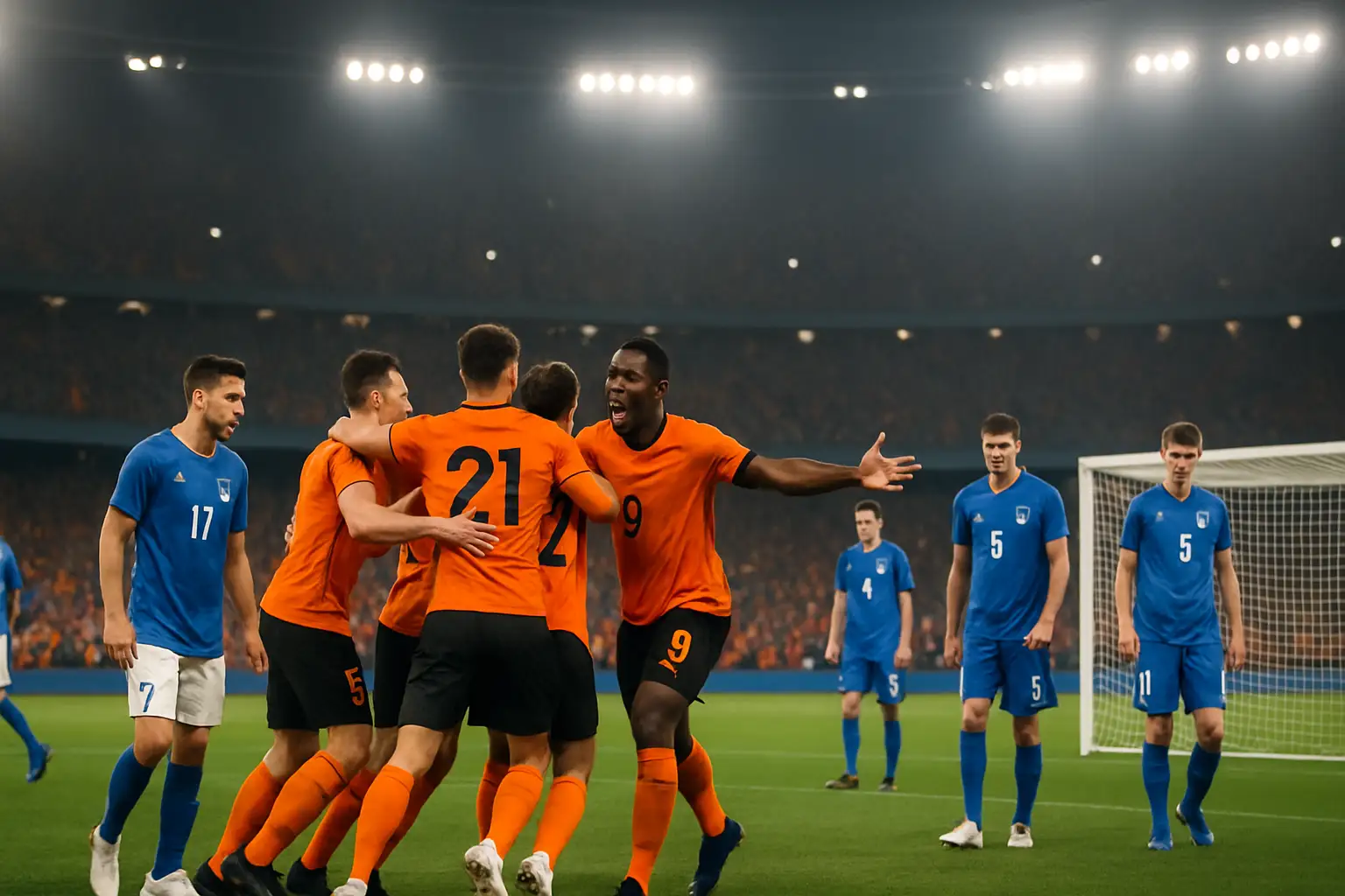 Netherlands players celebrating after scoring against India in a World Cup group stage match