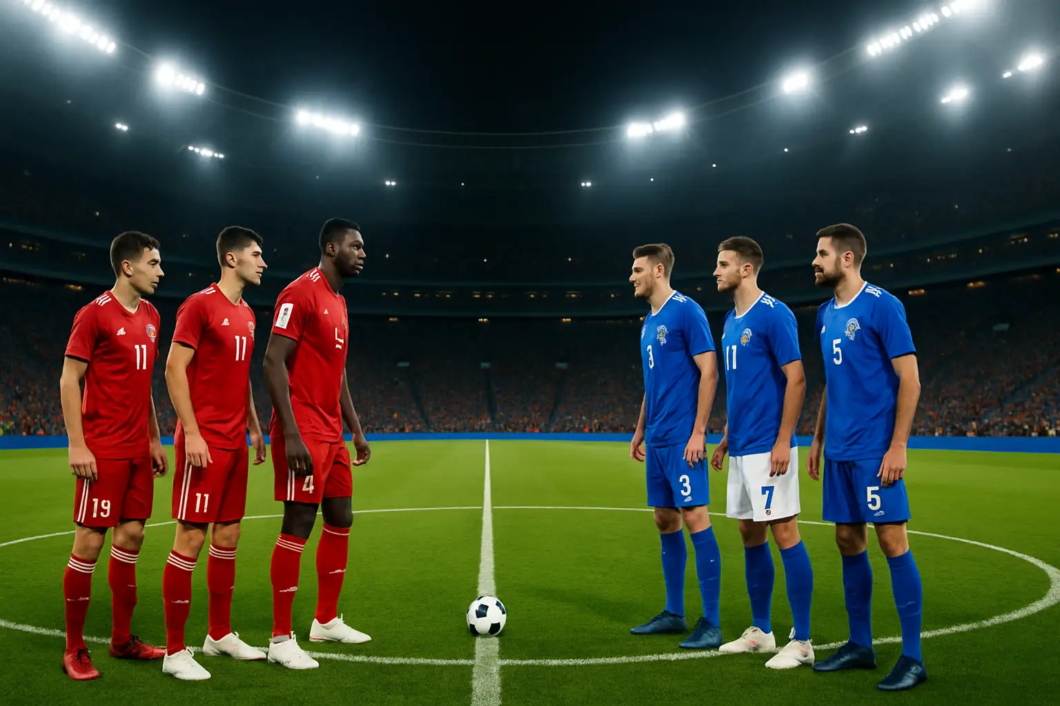 Football players from two national teams facing off on a World Cup stadium pitch