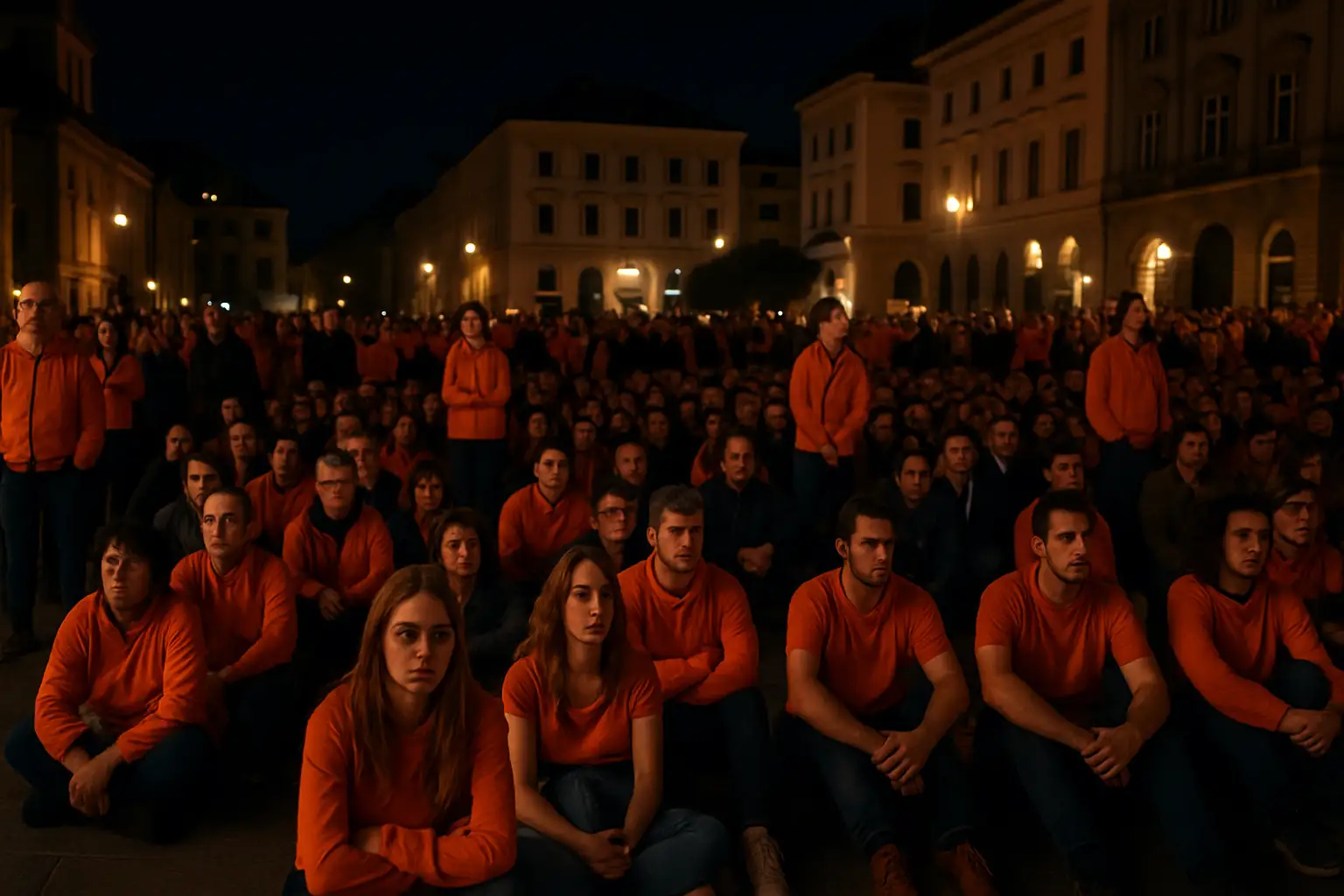 Dutch football fans watching a match in an outdoor public square, looking tense and reflective