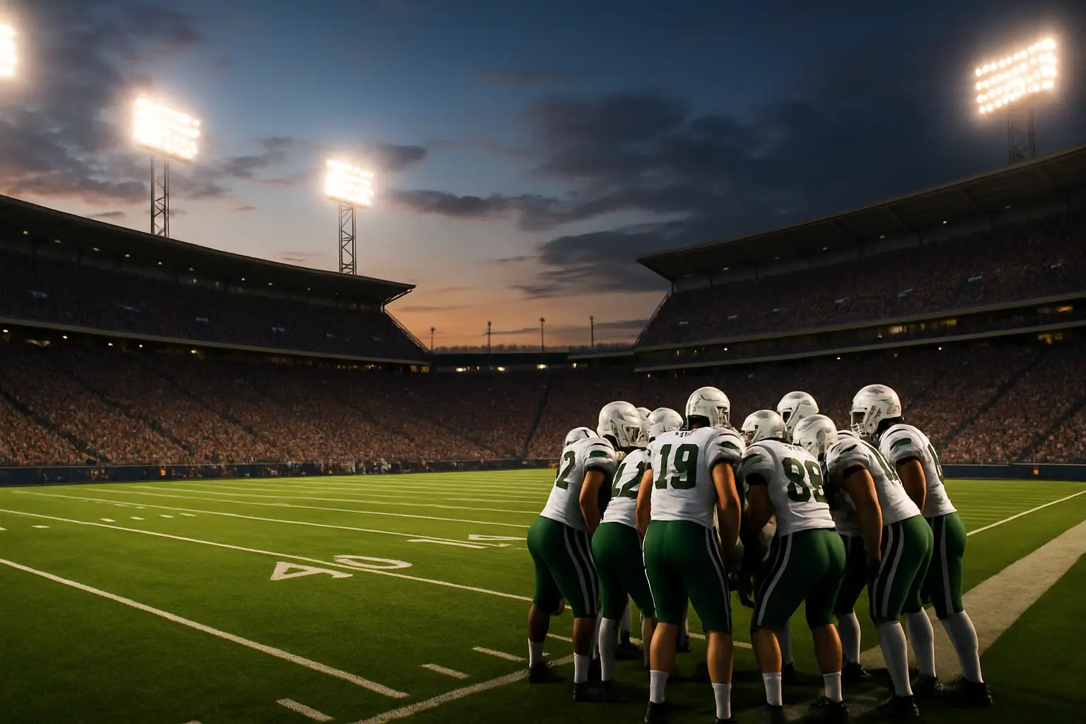 Edmonton Elks football players on the field during a CFL game under stadium lights