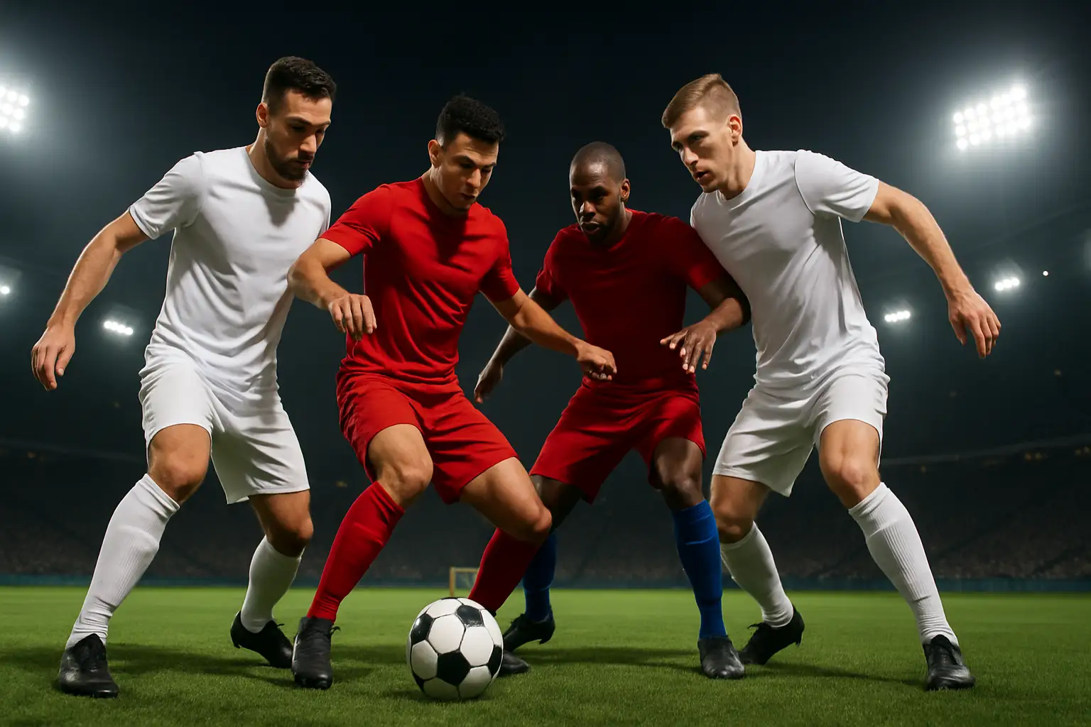 Football players from two international teams competing on a green pitch under stadium lights