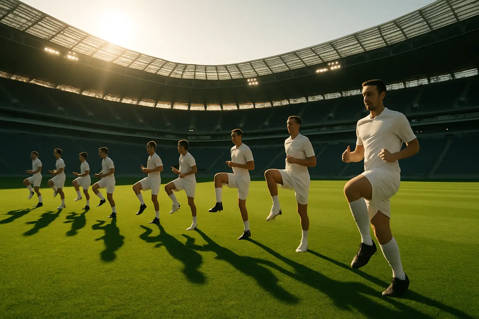 New Zealand football players warming up on a pitch before a major international match