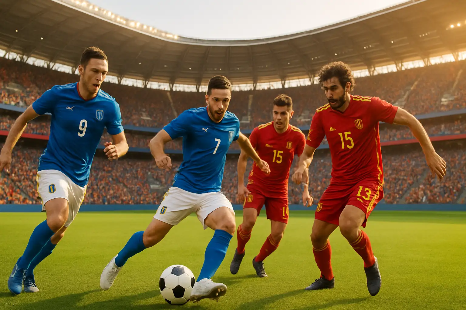 Football players from two international teams competing on a sun-lit stadium pitch during a World Cup match