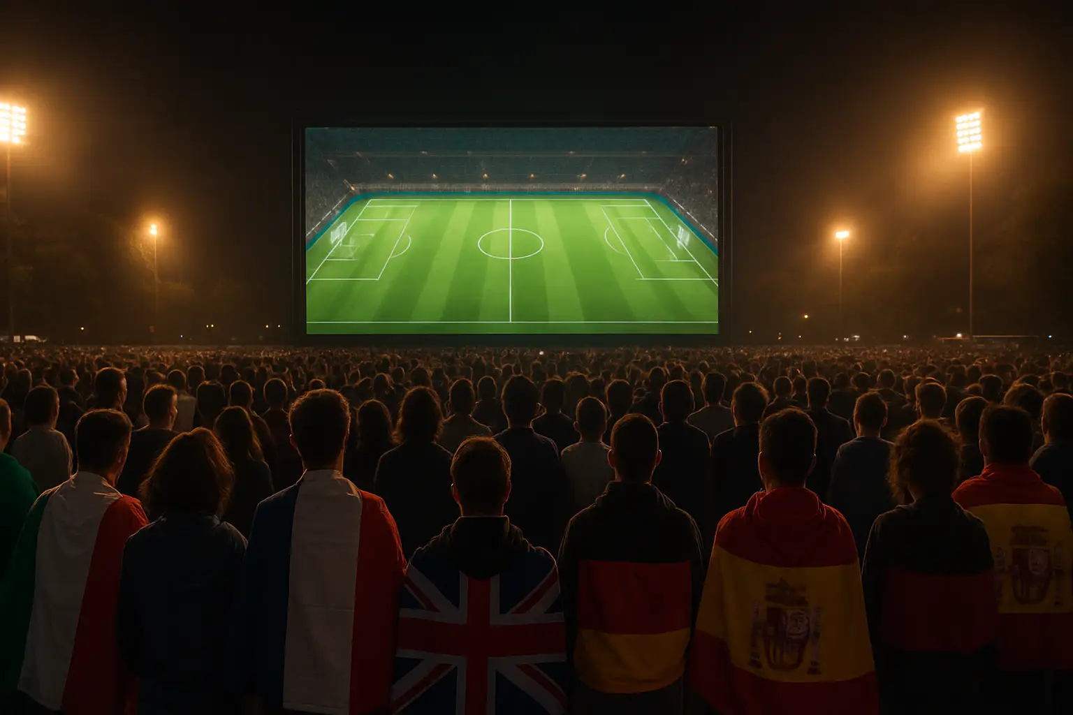 Football fans watching a World Cup match on a large screen in a packed public venue