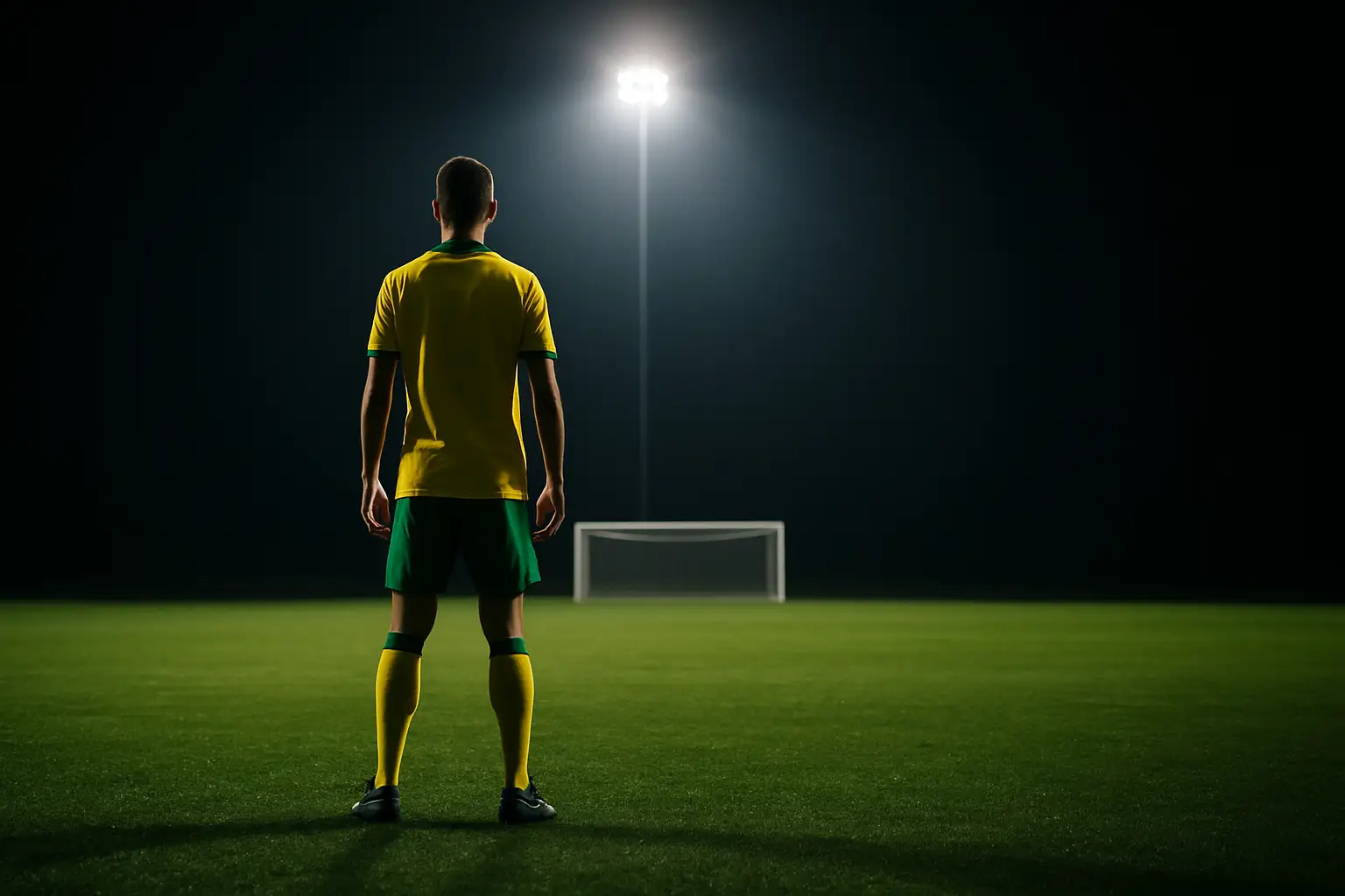 A Brazilian footballer standing on a pitch under floodlights, staring toward the goal with determination