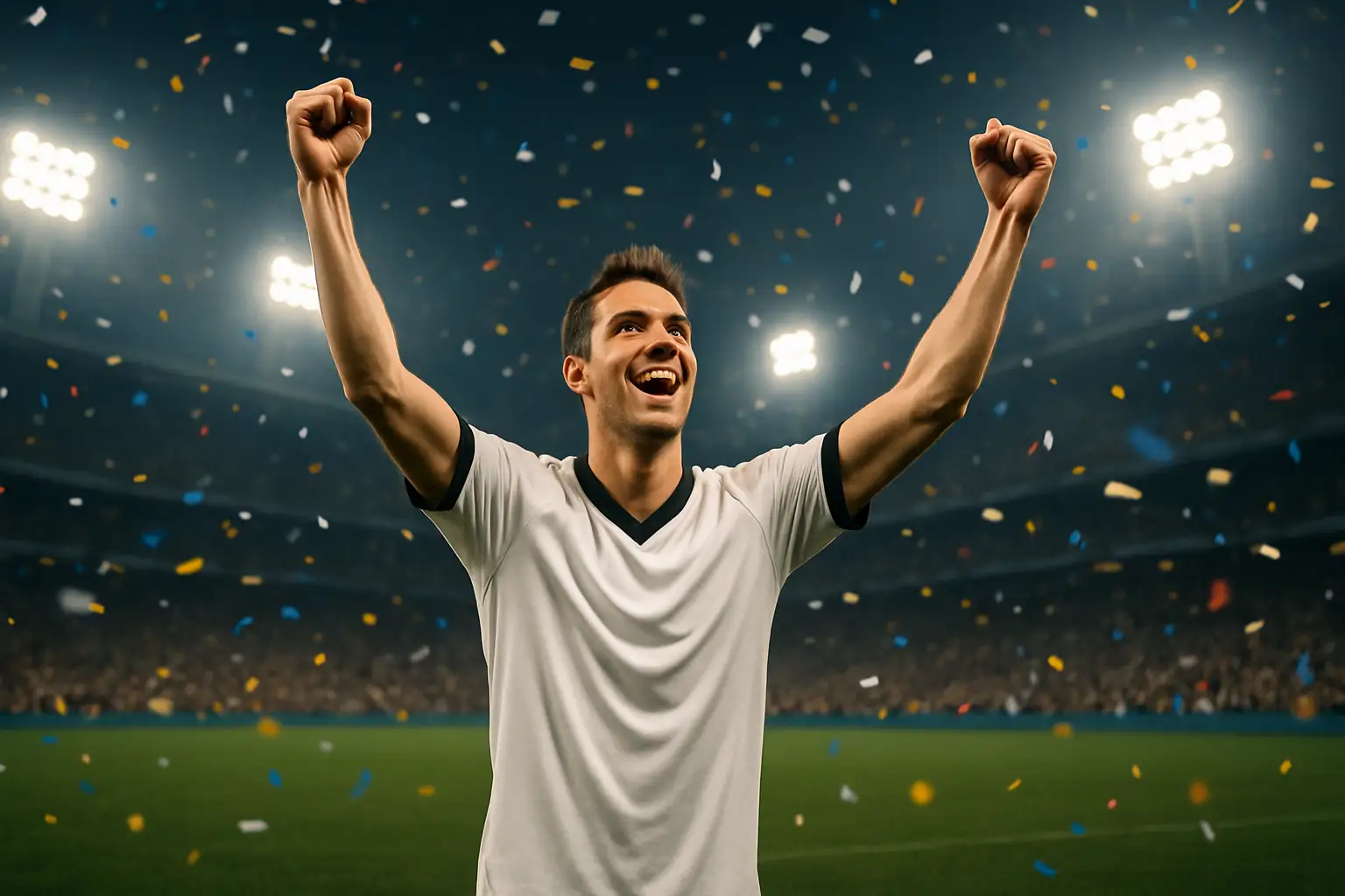 A football player in a white and black Santos shirt celebrating a goal in a packed stadium