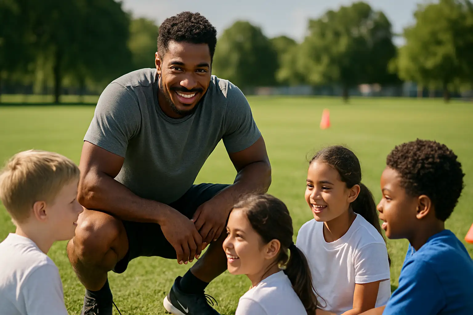 NFL cornerback coaching young athletes at an outdoor youth football camp