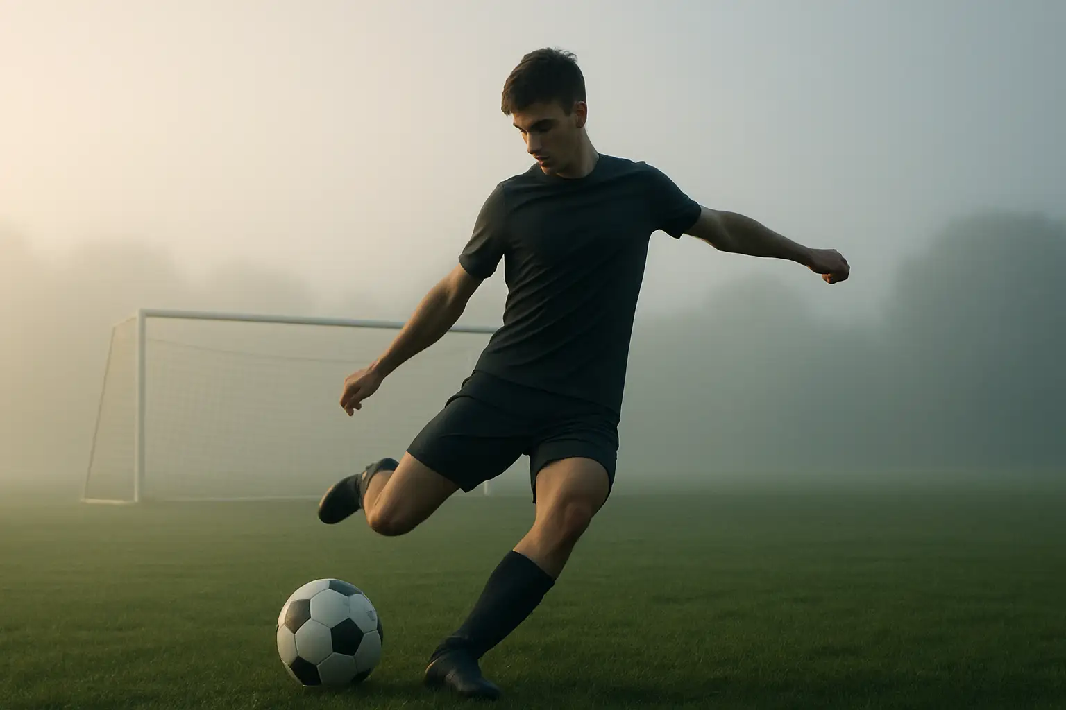 A footballer in a training kit preparing to take a shot on an empty pitch during a morning session