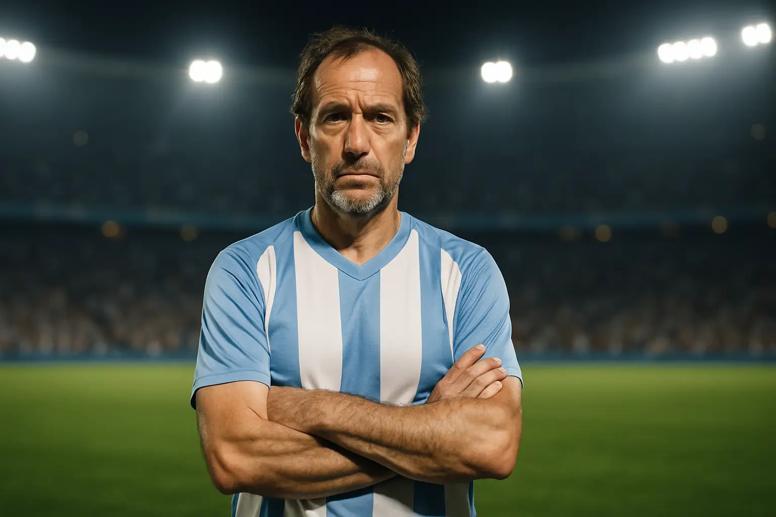 Argentina defender in national team colours standing on a football pitch during an international match