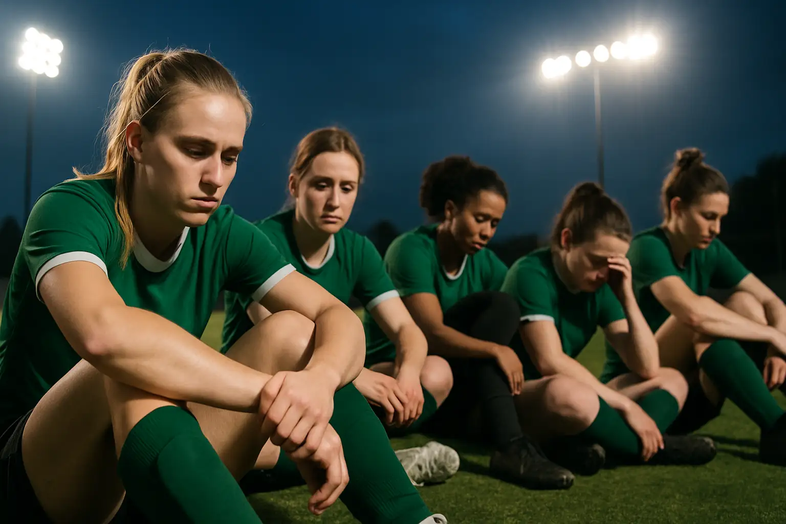 Nigerian women's football players looking dejected on the pitch after a qualifying defeat