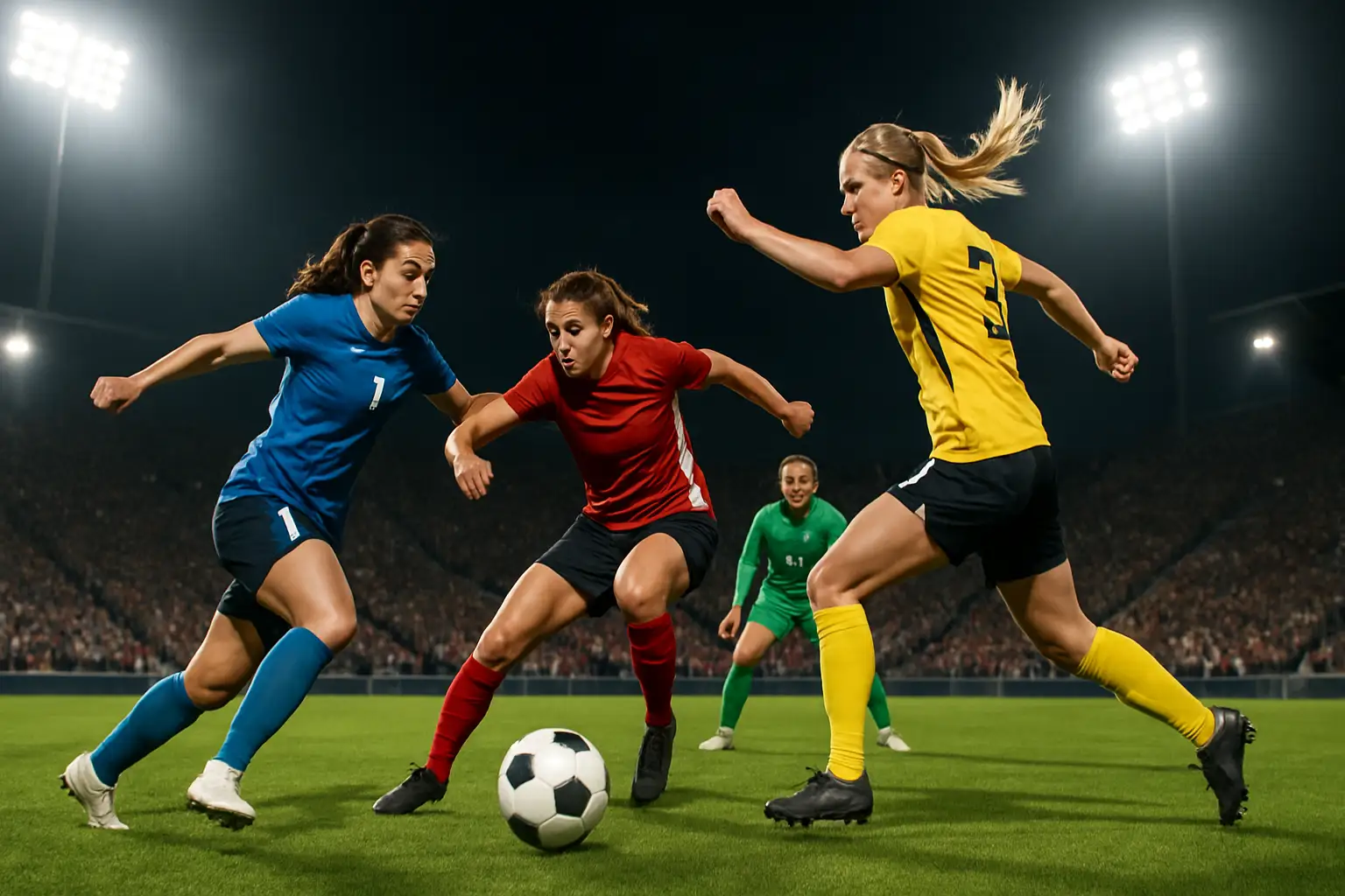 Women's football players competing in an African play-off match with a packed stadium in the background